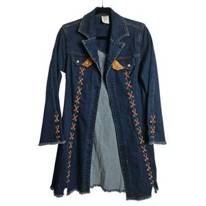 Denim Duster Western Style Jacket Leather Laces Festival Boho Blue Womens Small